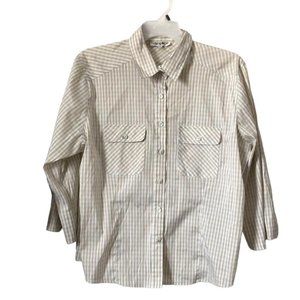 Tan and light blue plaid button down